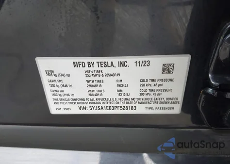 2023 Tesla Model S Plaid Tri Motor All-Wheel Drive из США, поврежденный, VIN 5YJSA1E63PF528183